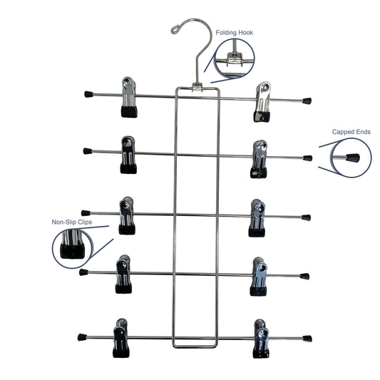 Metal Hanger with Clips 5 Tier | Made of Alloy Steel, with Non-Slip Clips, Folding Frame, & Folding Hook to Hold Skirts, Shorts, & Scarfs | for Closet Organization & Kitchen Storage - Renee Lane Company