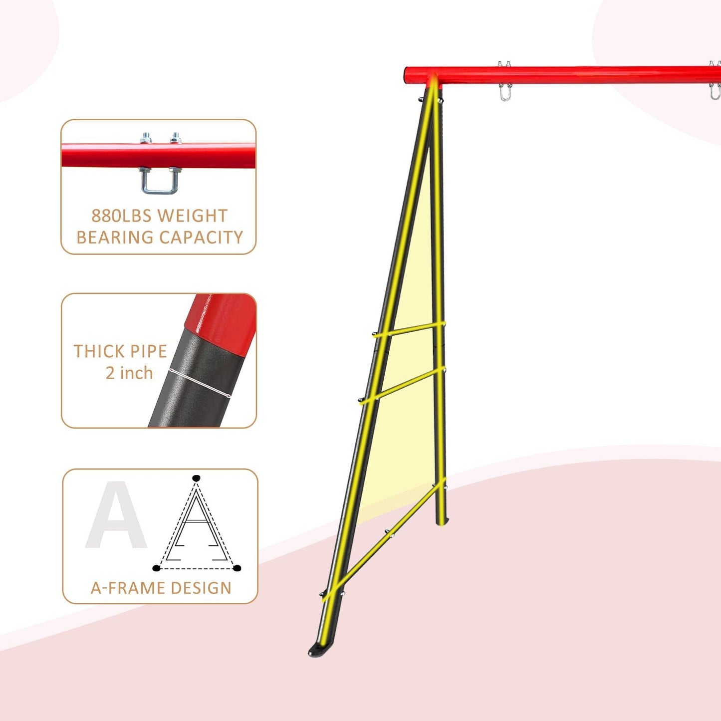 Metal Swing Stand Swing Sets for Backyard,Powder Coated Swing Frame of Swing Set with Extra Side Bars,880 Lbs Heavy-Duty A-Frame Outdoor Swing Fits Swing Chair,Porch Swing - Renee Lane Company