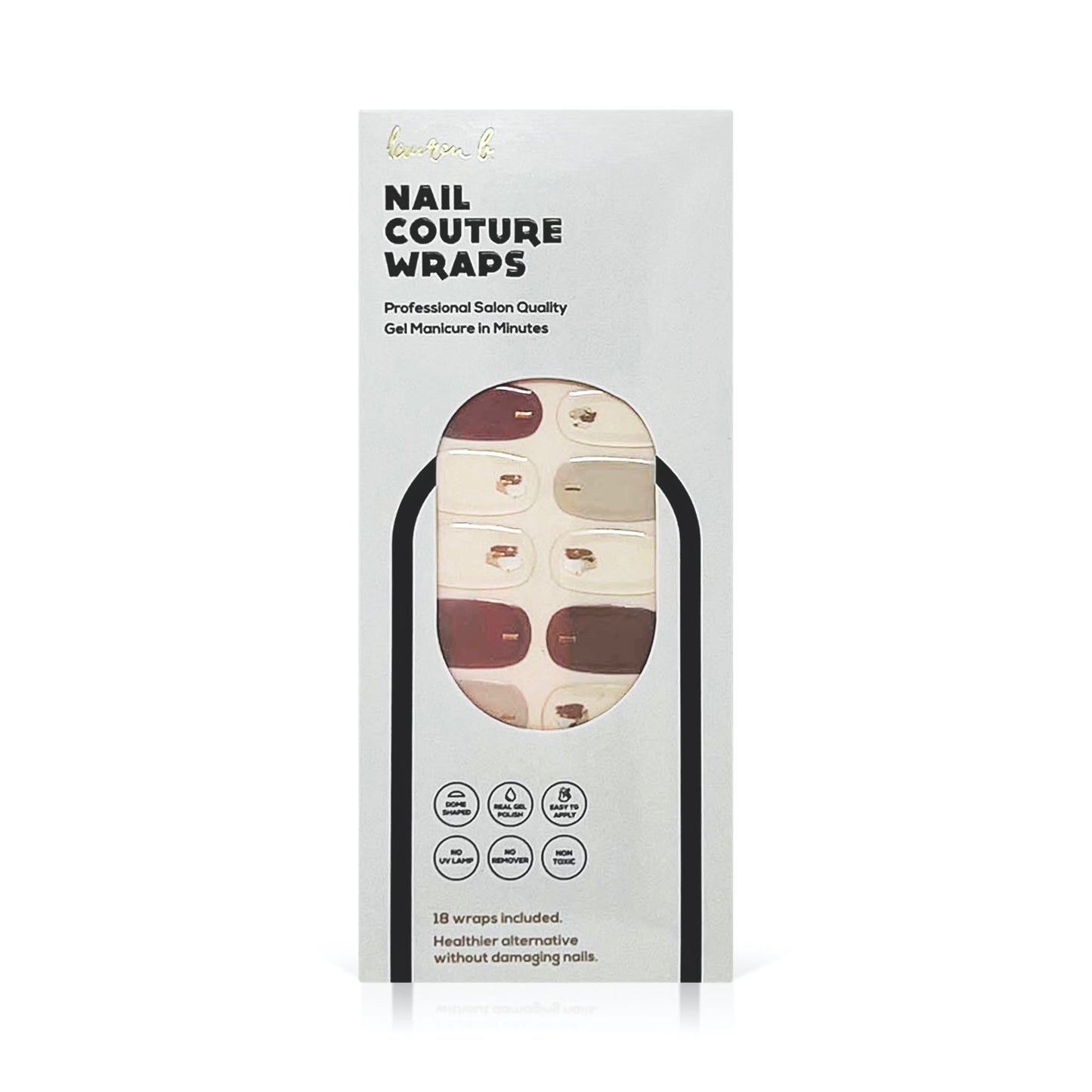 Milky beige abstract gel nail wraps on package, showing multiple short nail designs
