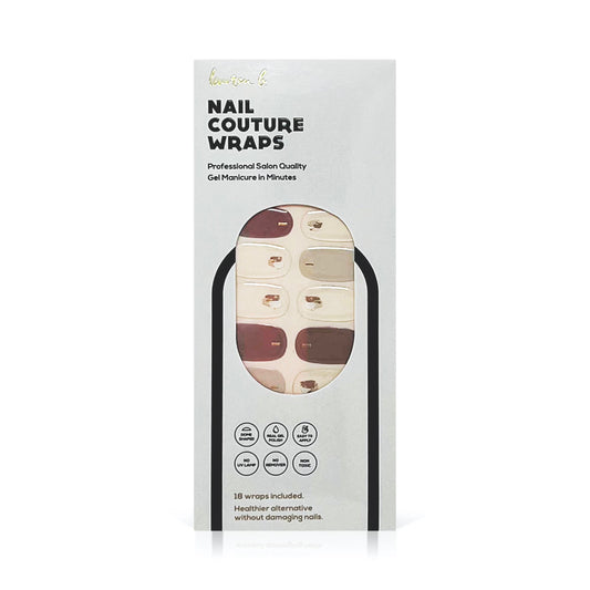 Milky beige abstract gel nail wraps on package, showing multiple short nail designs