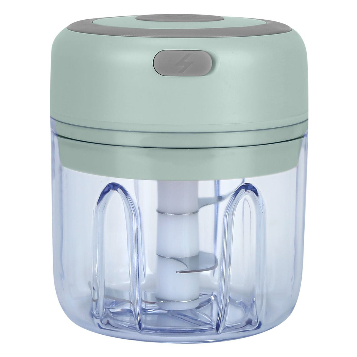 Green mini electric garlic chopper with clear bowl, gray lid, and central blade