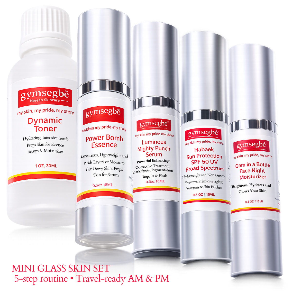 Hydrating skincare bottles set with white and silver pump containers, travel size