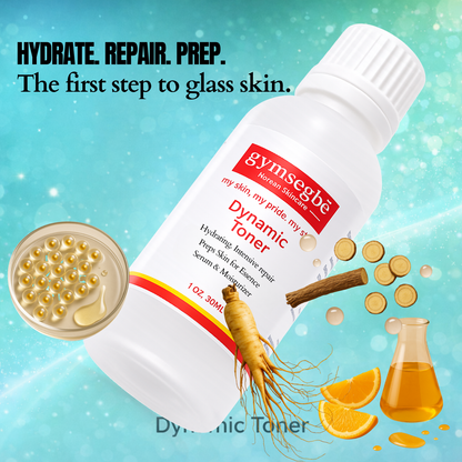 White toner bottle with ribbed cap and gold serum pearls, travel skincare