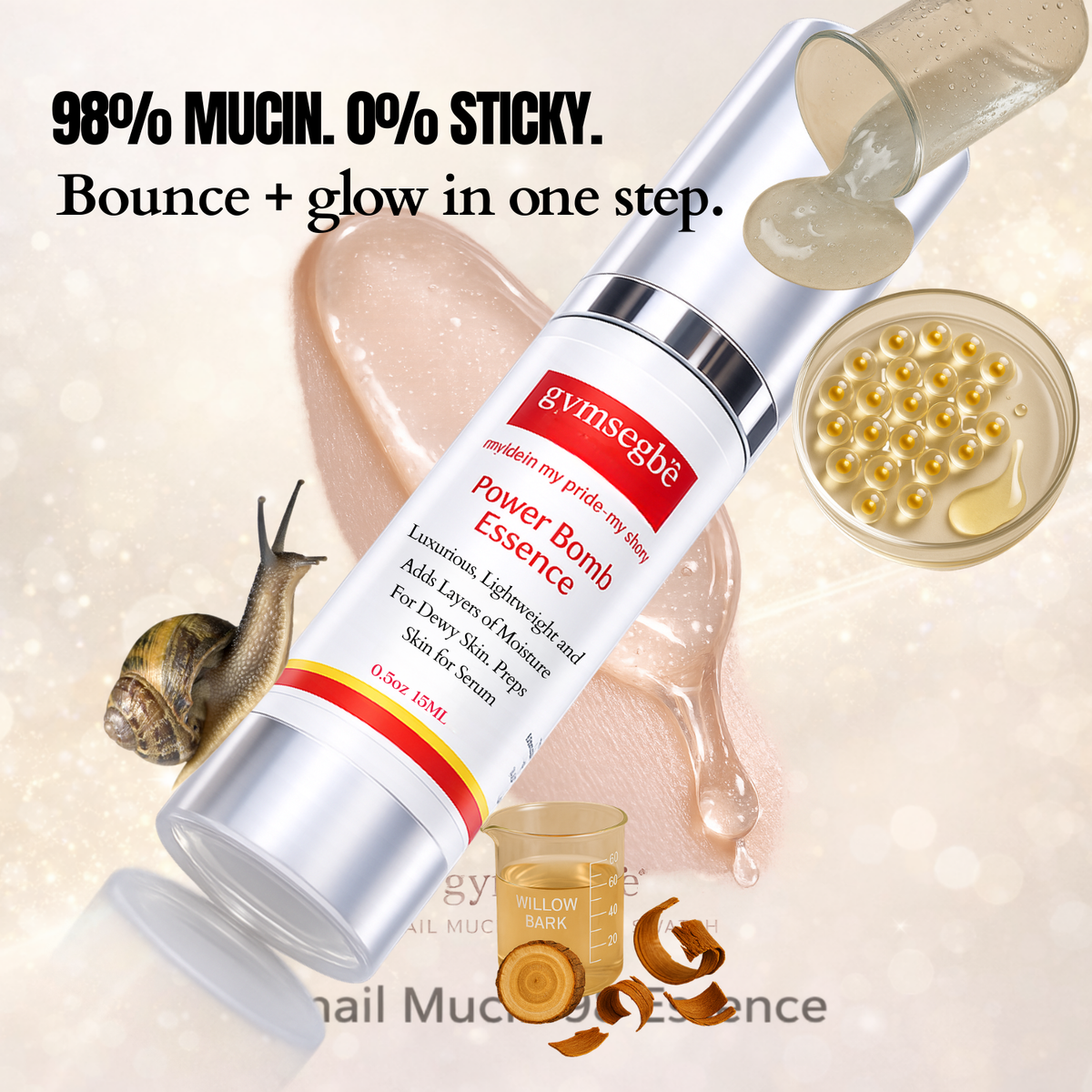 Skincare serum bottle with silver pump and gold mucin pearls, snail icons