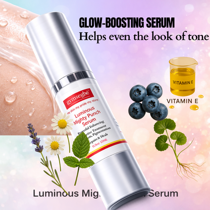 Glow boosting serum bottle with silver pump and vitamin E capsules, botanical accents