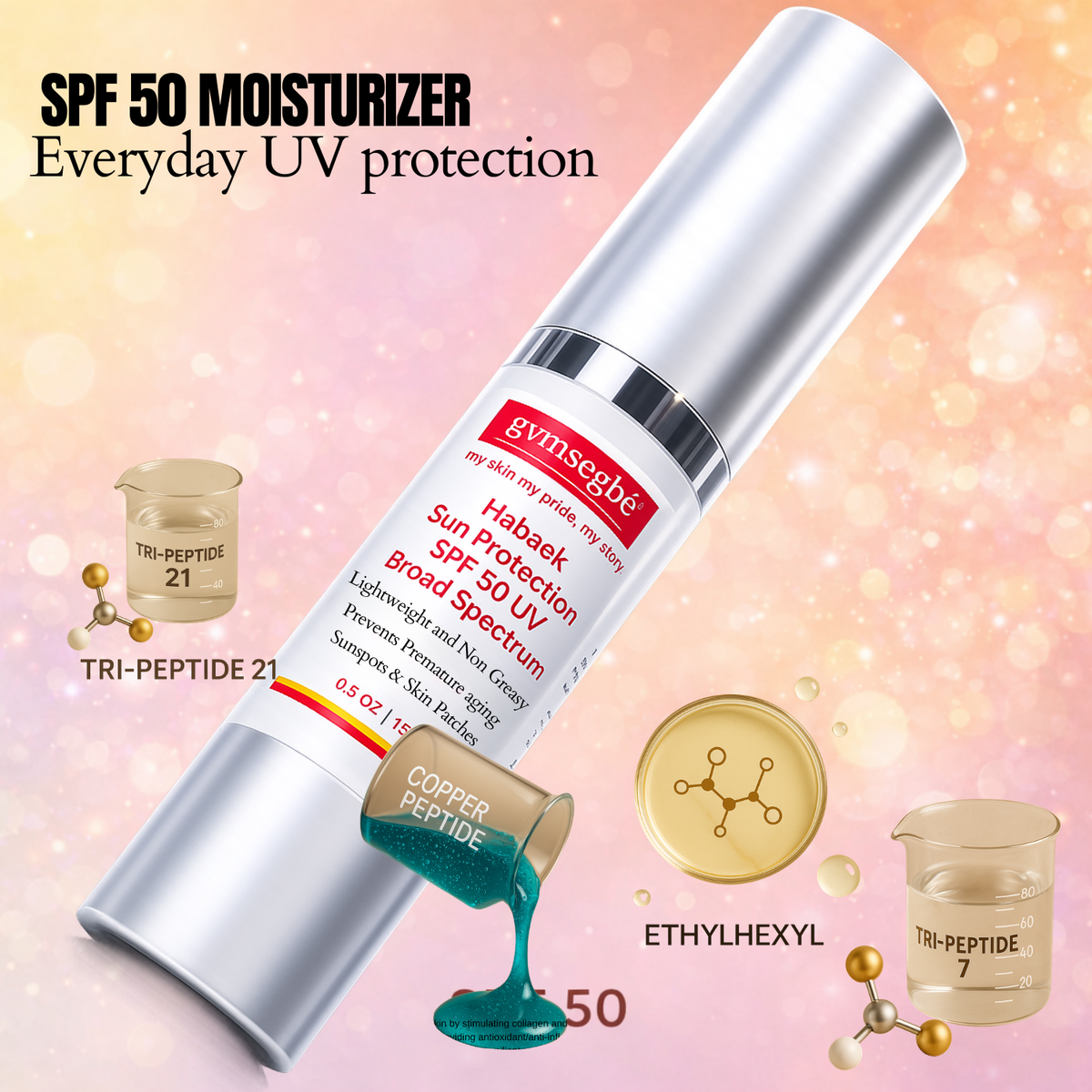 SPF moisturizer bottle with silver pump and small cream jar, travel skincare