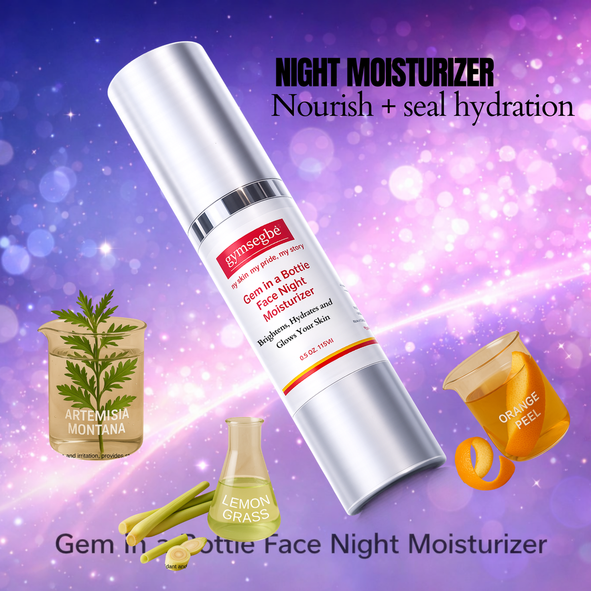 Night moisturizer bottle with silver pump and herbal lemon grass accents, skincare