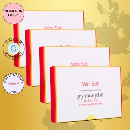 Glass skin skincare set mini boxes, red and gold trim, gymsegbë branding