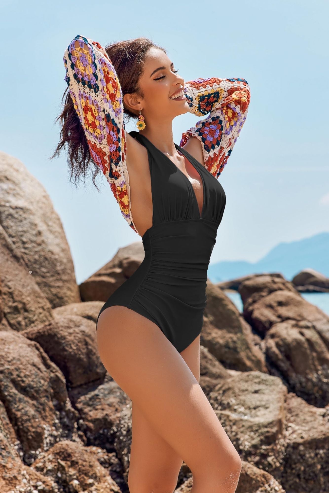 Minimally sophisticated V-neck swimsuit for women, with a one-piece small chest gathered to cover the belly  in hot springs for vacation - Renee Lane Company
