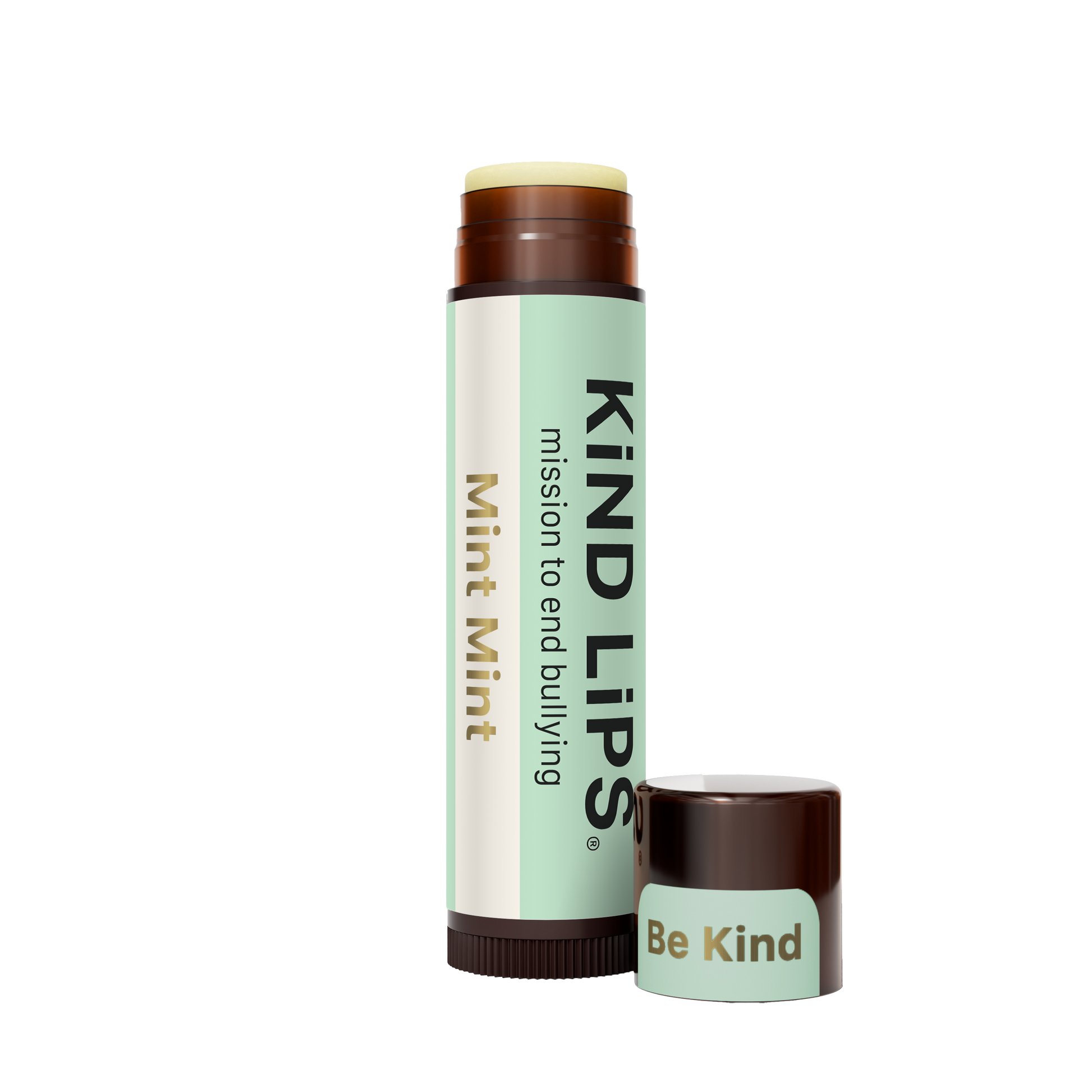 Mint Mint lip balm stick with brown cap and small Be Kind container