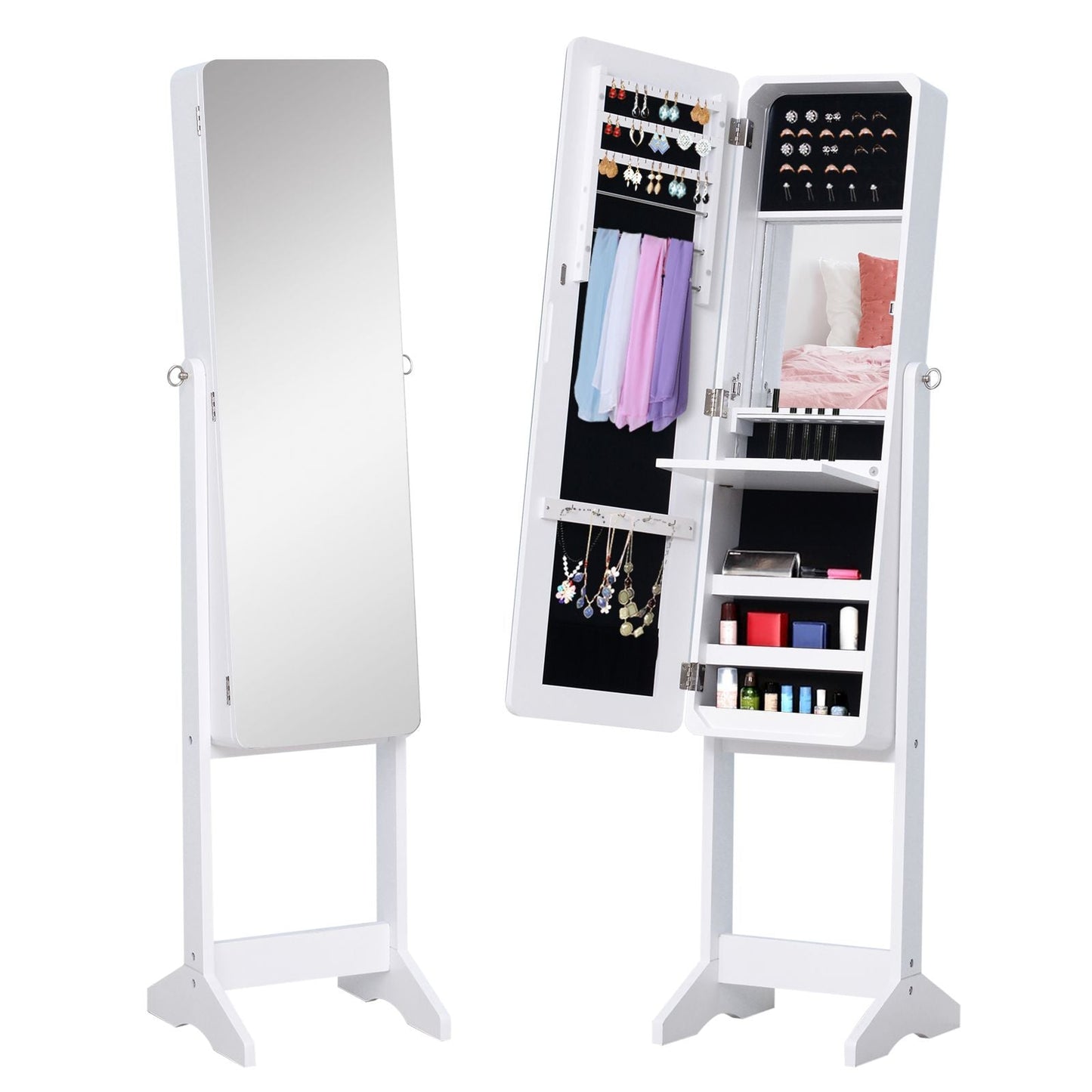 Mirrored Jewelry Armoire LED Lights Freestanding Organizer Adjustable Angle Lockable Cabinet White - Renee Lane Company