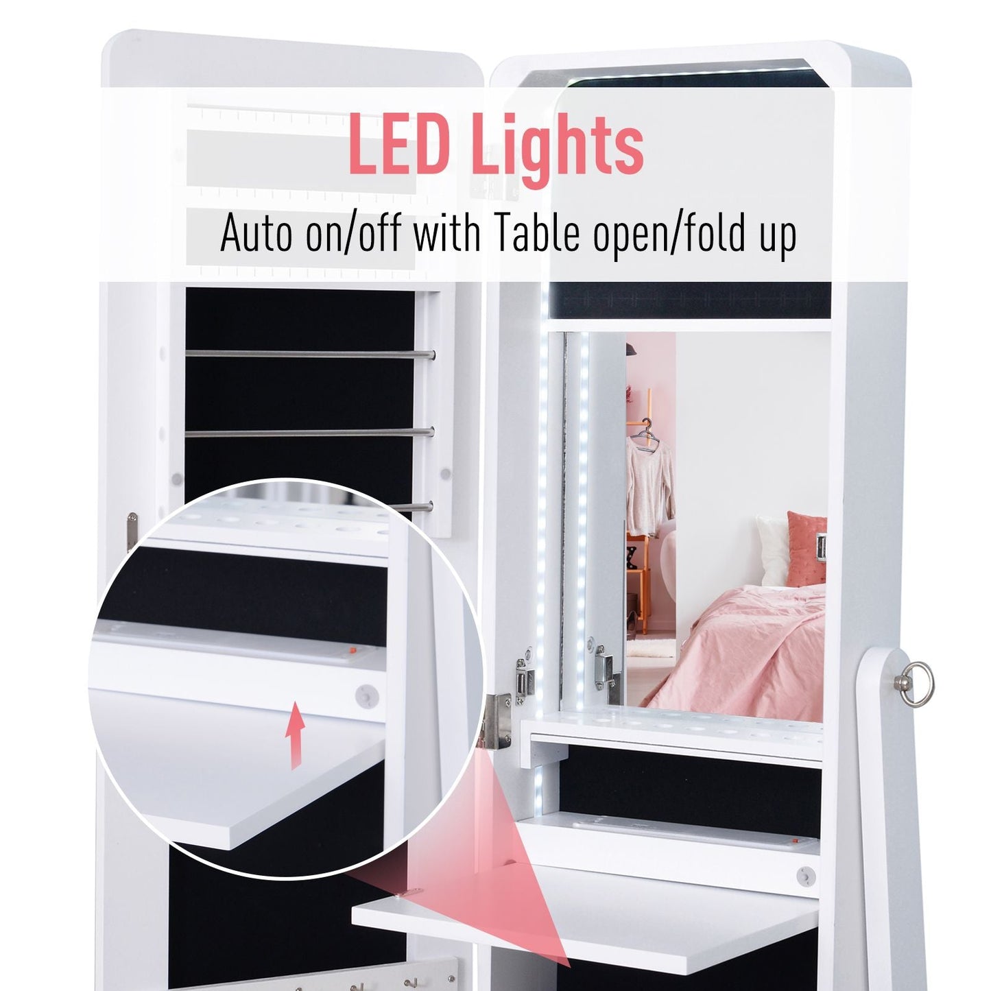 Mirrored Jewelry Armoire LED Lights Freestanding Organizer Adjustable Angle Lockable Cabinet White - Renee Lane Company