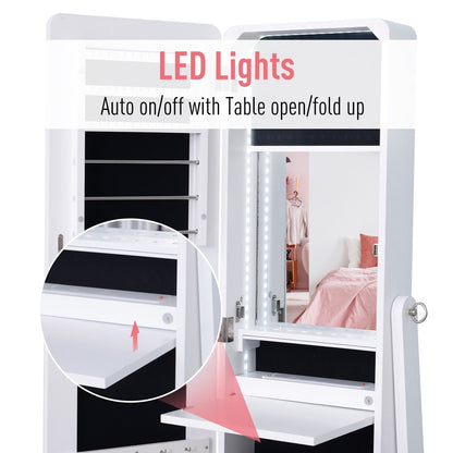 Mirrored Jewelry Armoire LED Lights Freestanding Organizer Adjustable Angle Lockable Cabinet White - Renee Lane Company
