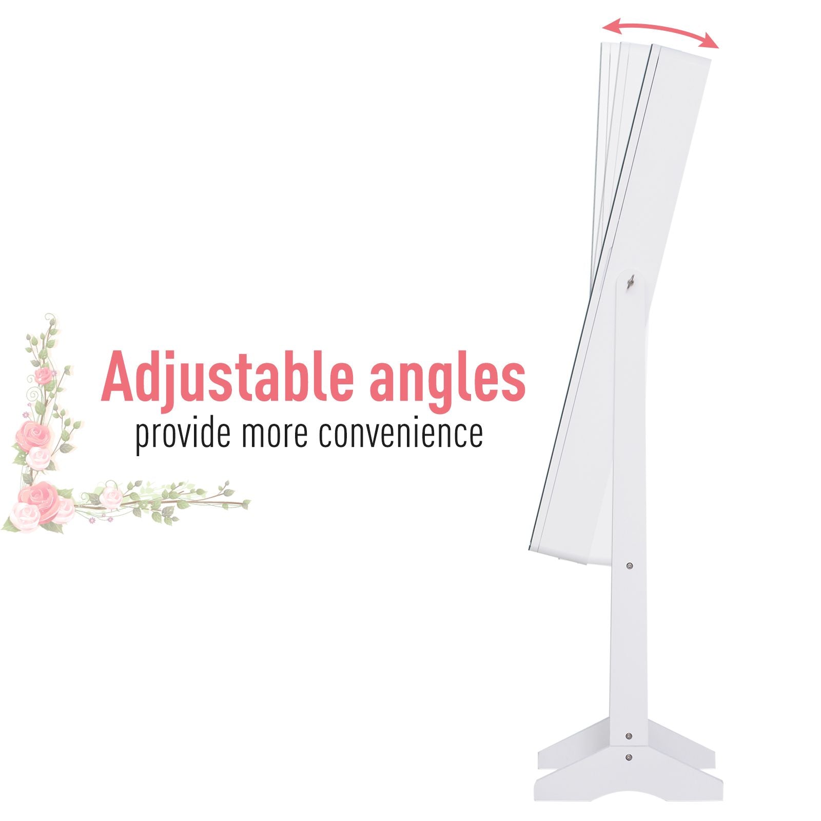 Mirrored Jewelry Armoire LED Lights Freestanding Organizer Adjustable Angle Lockable Cabinet White - Renee Lane Company