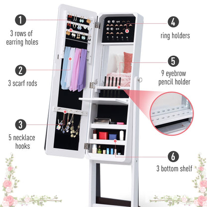 Mirrored Jewelry Armoire LED Lights Freestanding Organizer Adjustable Angle Lockable Cabinet White - Renee Lane Company