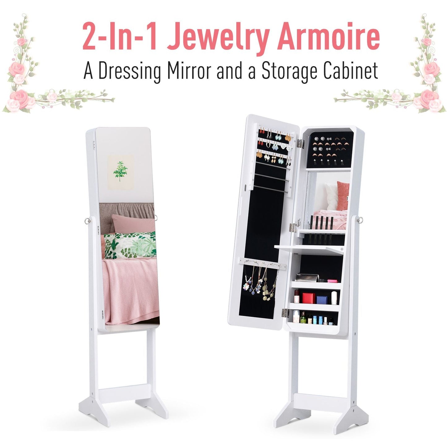 Mirrored Jewelry Armoire LED Lights Freestanding Organizer Adjustable Angle Lockable Cabinet White - Renee Lane Company