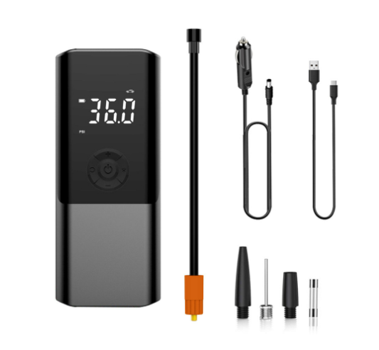 Black portable inflator pump with multiple nozzle attachments and charging/air tubes.