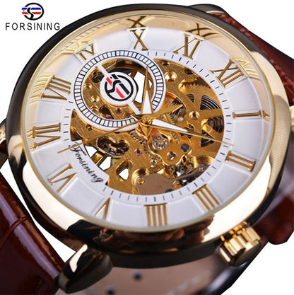 Men mechanical watch, white dial, gold case and skeleton details, black leather strap