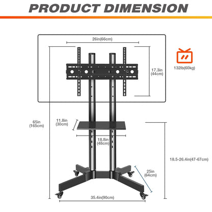 Height-adjustable TV cart frame with VESA plate and caster base, shown with dimensions.