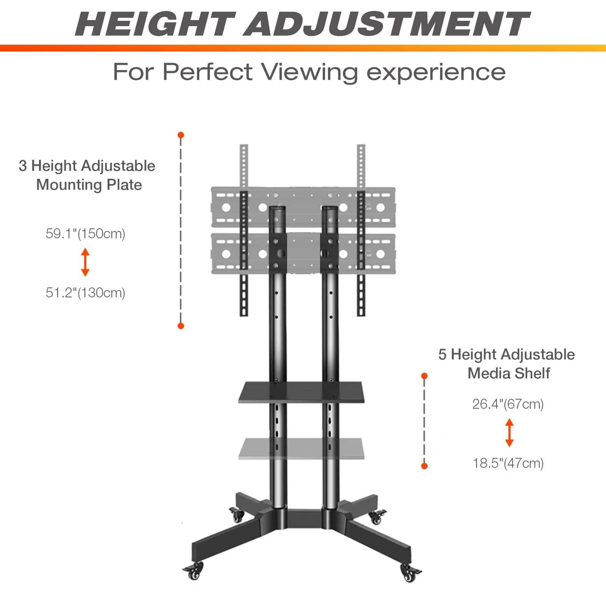 Height-adjustable TV cart with media shelf and VESA mounting brackets on caster wheels.