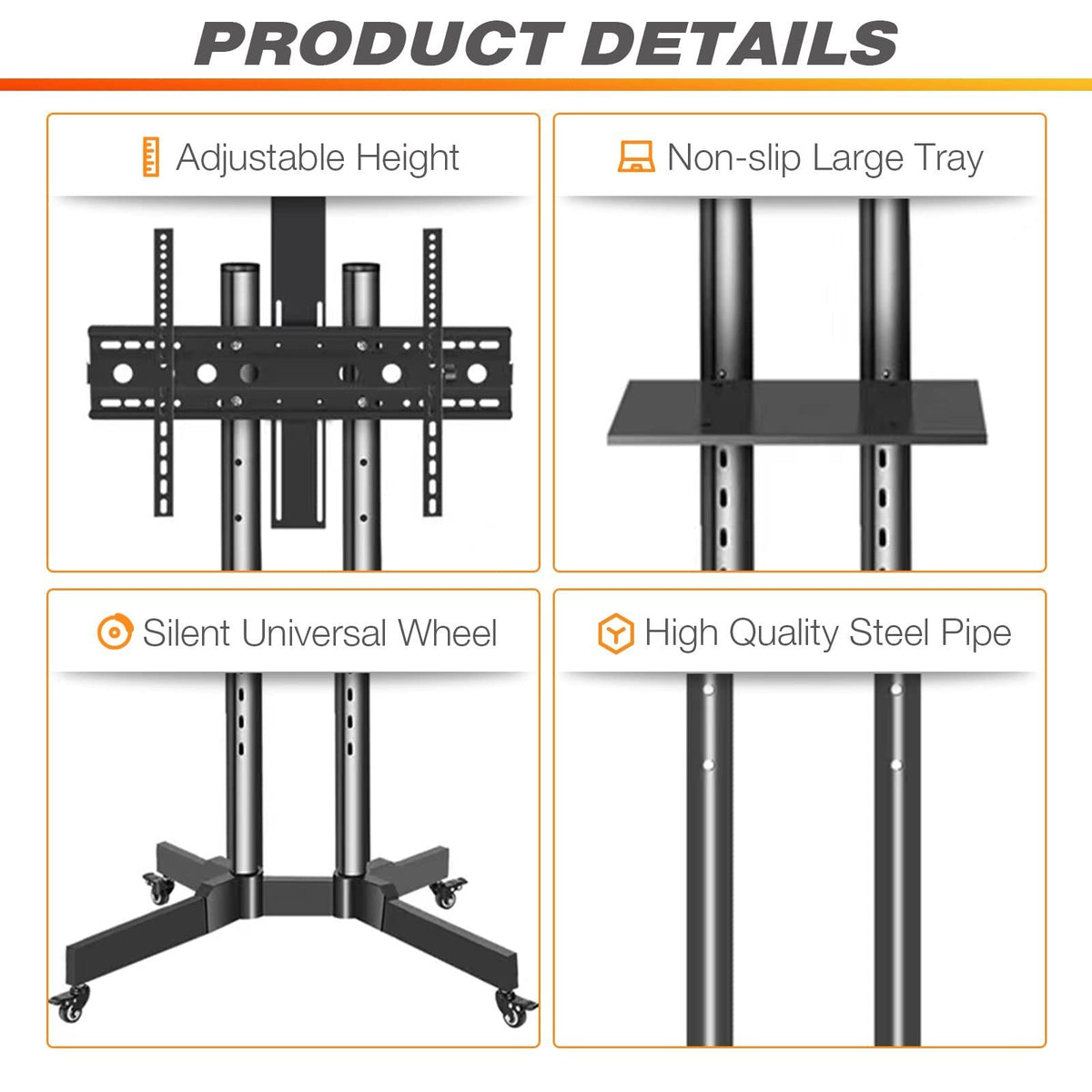 TV cart with adjustable height, non-slip tray, steel frame, and silent caster wheels.