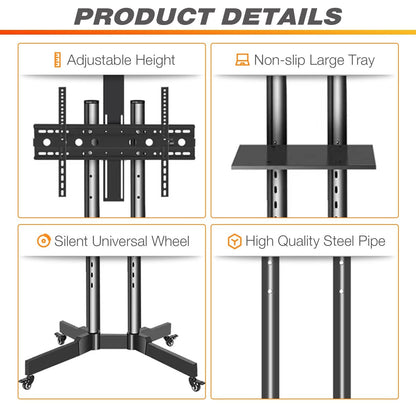 TV cart with adjustable height, non-slip tray, steel frame, and silent caster wheels.