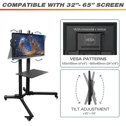 TV cart with VESA mounting plate, tilt adjustment, and laptop shelf on rolling casters.