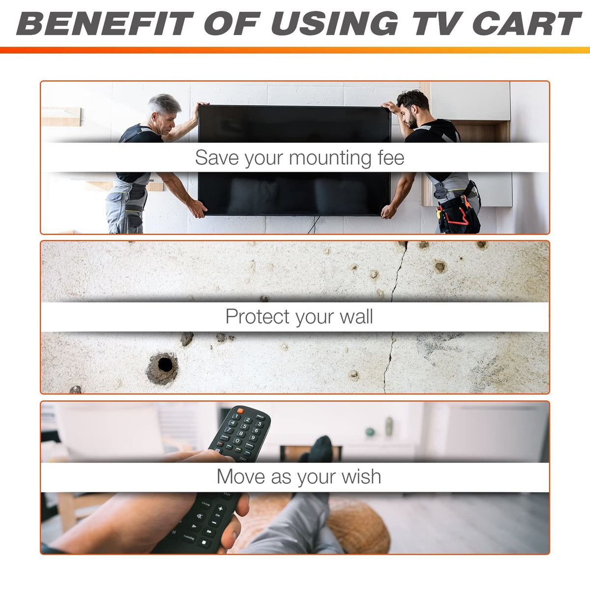 TV cart with rolling wheels and adjustable mounting posts, shown in everyday use.