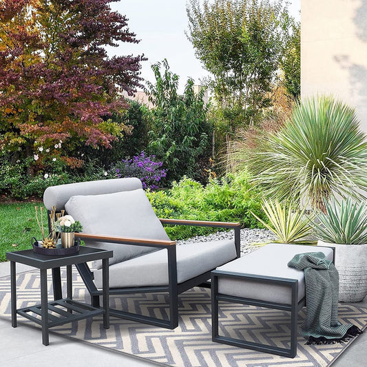 Modern Aluminum Lounge Chairs Sets; Outdoor Furniture Reclining with Ottoman; Cushions and Side Table - Renee Lane Company