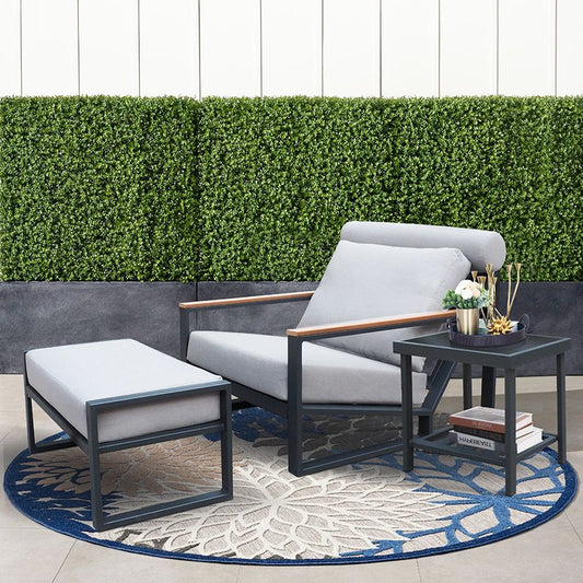Modern Aluminum Lounge Chairs Sets; Outdoor Furniture Reclining with Ottoman; Cushions and Side Table - Renee Lane Company