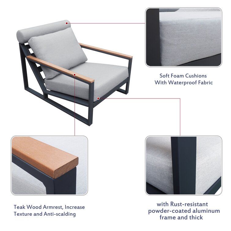 Modern Aluminum Lounge Chairs Sets; Outdoor Furniture Reclining with Ottoman; Cushions and Side Table - Renee Lane Company