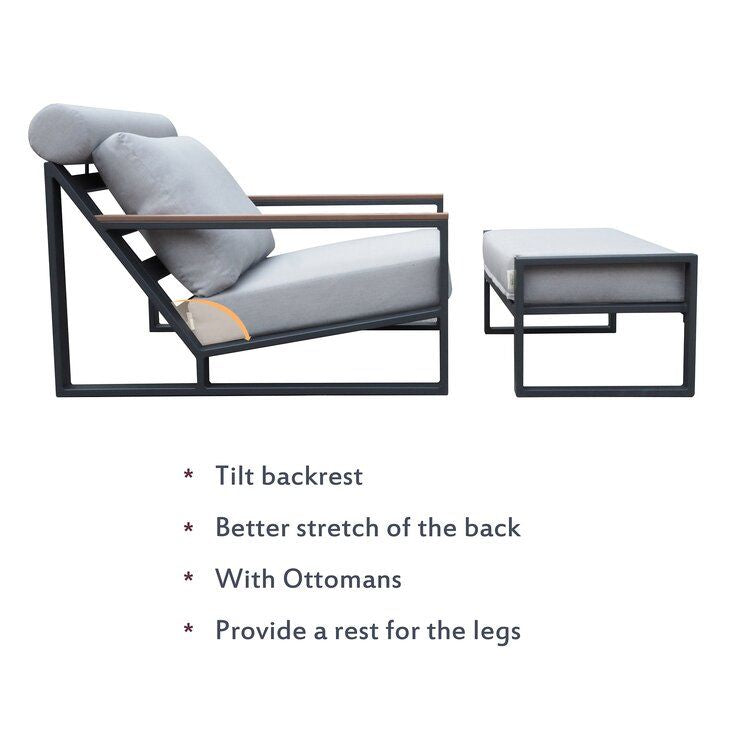 Modern Aluminum Lounge Chairs Sets; Outdoor Furniture Reclining with Ottoman; Cushions and Side Table - Renee Lane Company