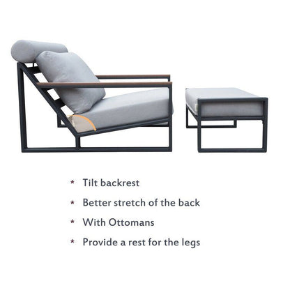 Modern Aluminum Lounge Chairs Sets; Outdoor Furniture Reclining with Ottoman; Cushions and Side Table - Renee Lane Company