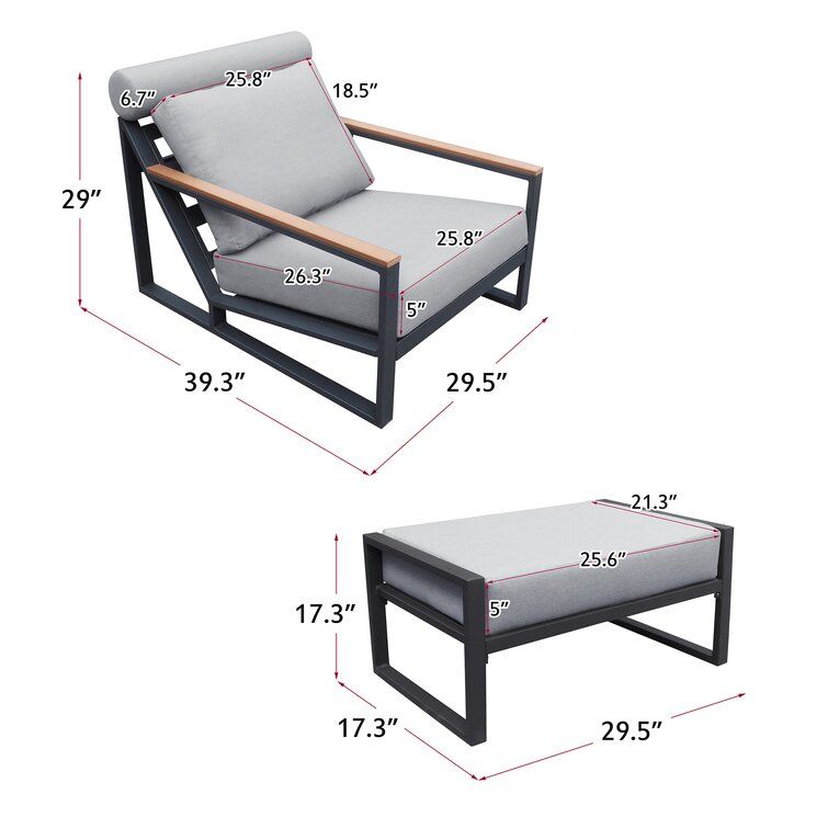 Modern Aluminum Lounge Chairs Sets; Outdoor Furniture Reclining with Ottoman; Cushions and Side Table - Renee Lane Company