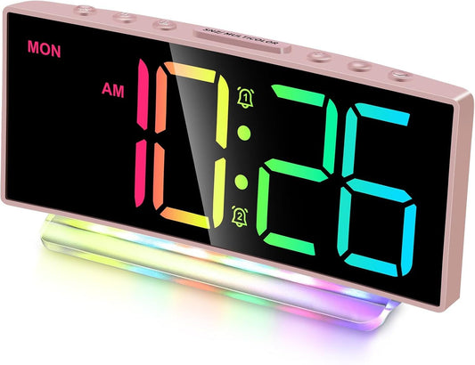 Modern Curved Cute Digital Alarm Clock,Colorful Led Display,Adjustable Volume,Weekday/Weekend Mode,Simple Clock for Bedrooms Bedside,Ok to Wake Up for Girls,Kids,Teens (Pink+Dynamic) - Renee Lane Company