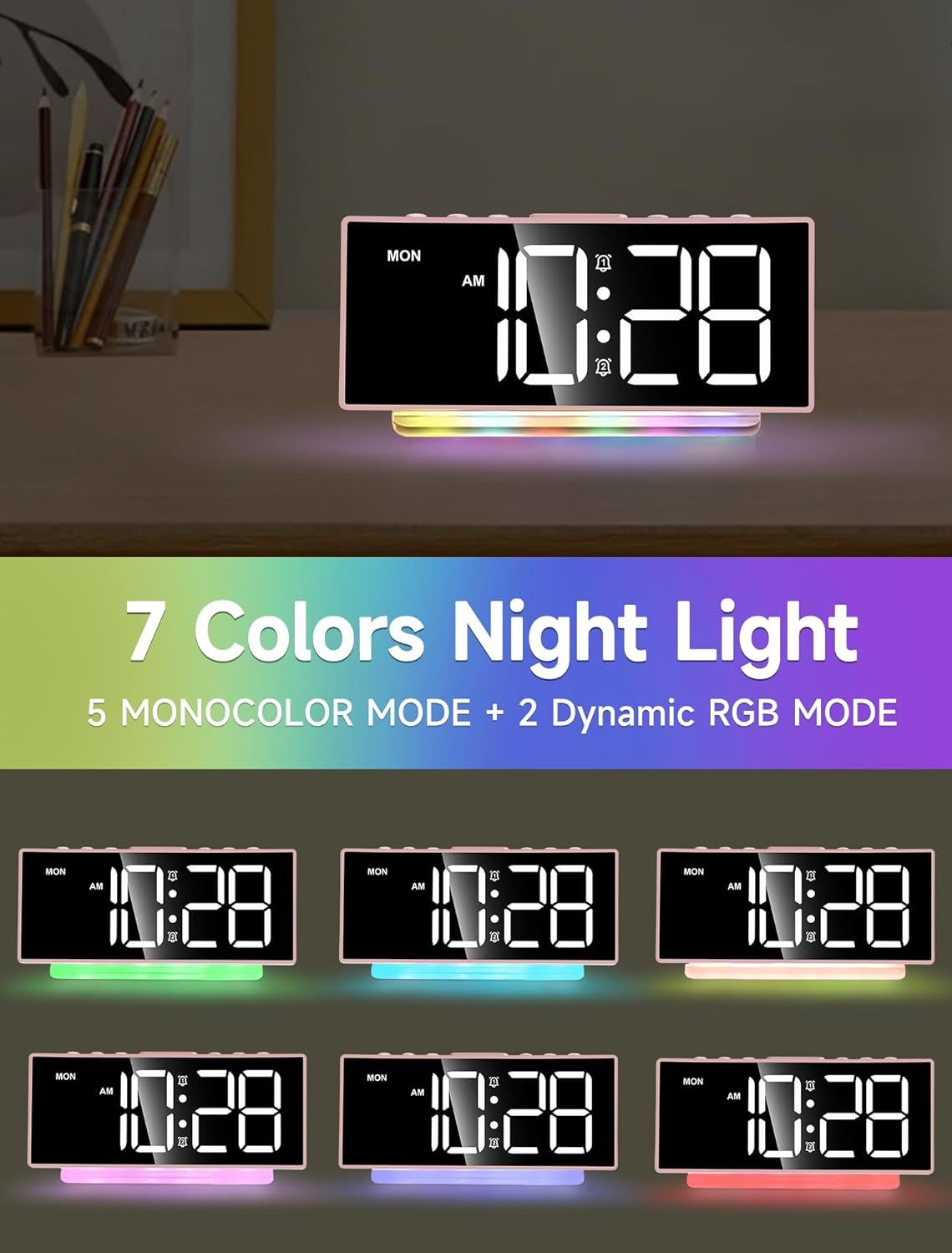 Modern Curved Cute Digital Alarm Clock,Colorful Led Display,Adjustable Volume,Weekday/Weekend Mode,Simple Clock for Bedrooms Bedside,Ok to Wake Up for Girls,Kids,Teens (Pink+Dynamic) - Renee Lane Company