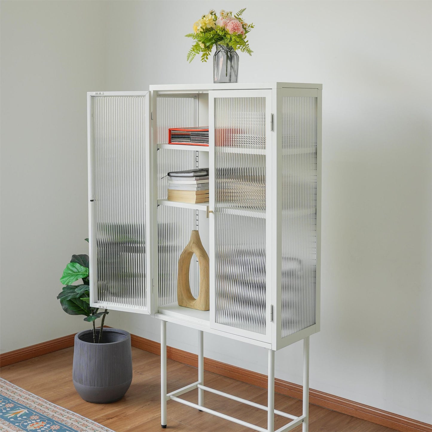Modern Solid Color Matte Glass Storage Cabinet with Adjustable Shelves - Renee Lane Company