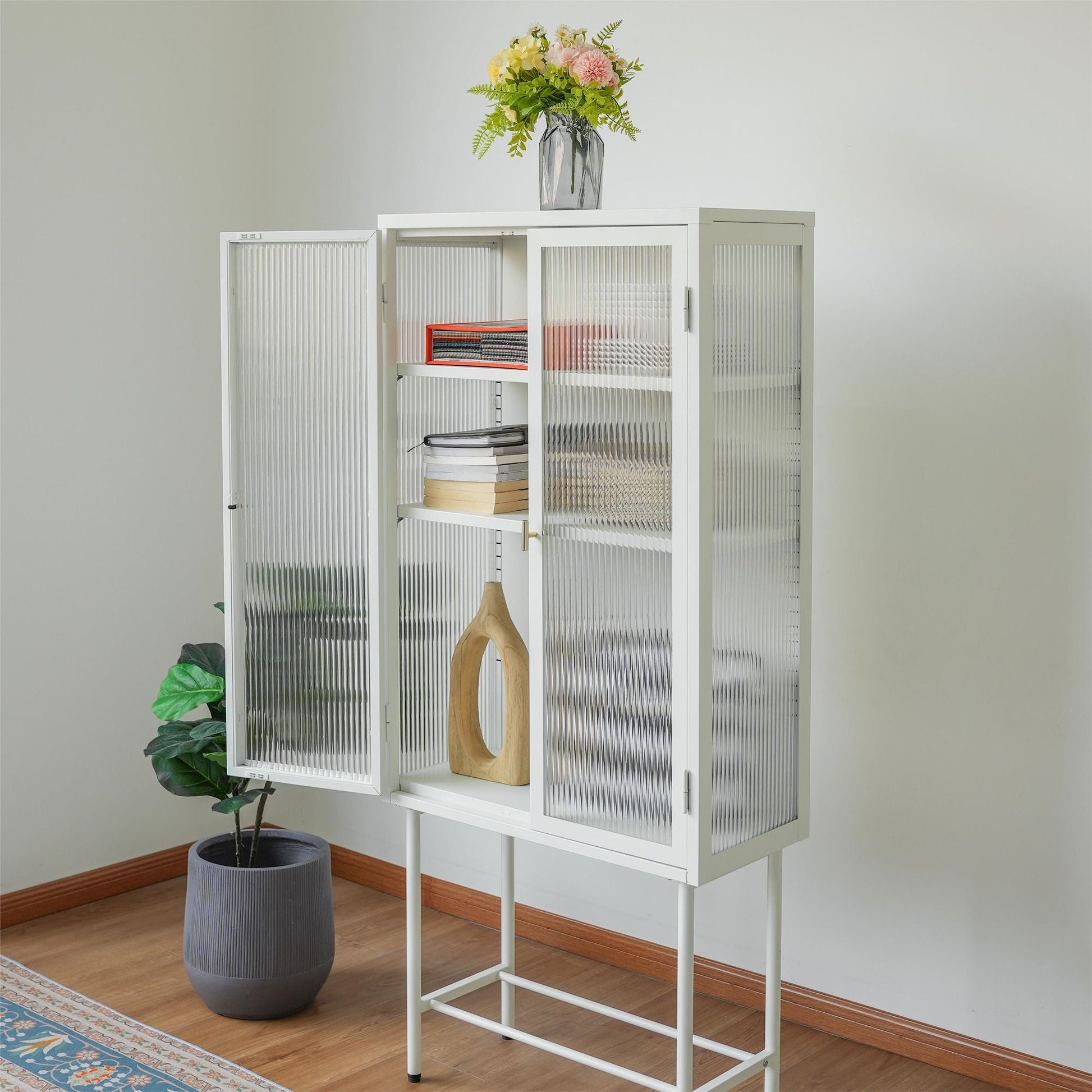 Modern Solid Color Matte Glass Storage Cabinet with Adjustable Shelves - Renee Lane Company