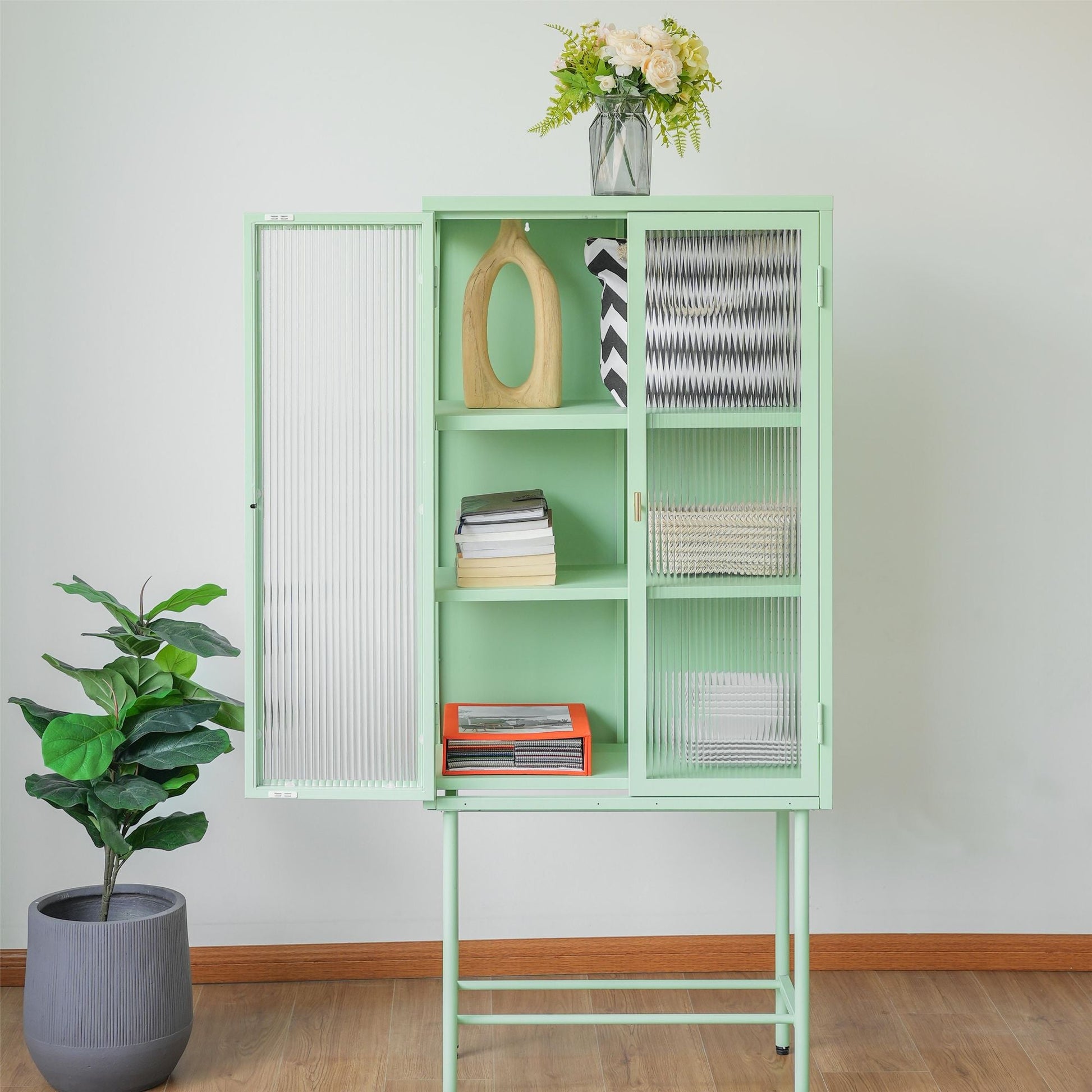 Modern Solid Color Matte Glass Storage Cabinet with Adjustable Shelves - Renee Lane Company