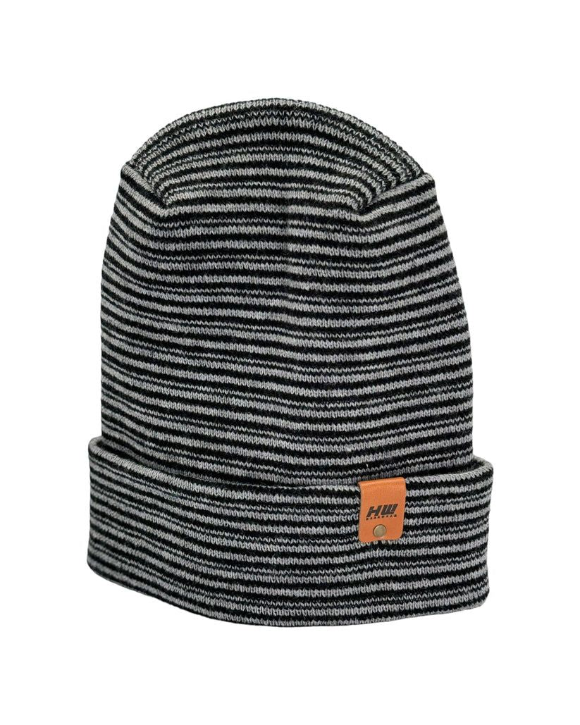Striped knit beanie with cuff, gray and black contrast stitching
