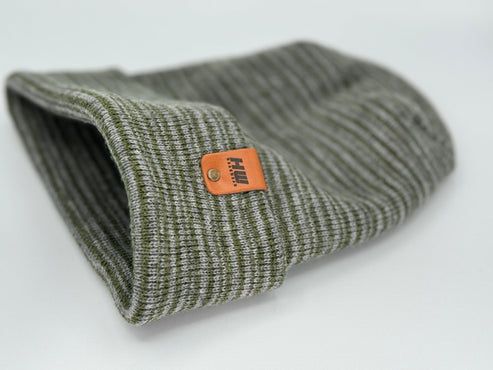 Modern Theta Stitch Contrast Cuffed Beanie (Patent Pending Design)-Gray/Green, Made in USA - Renee Lane Company