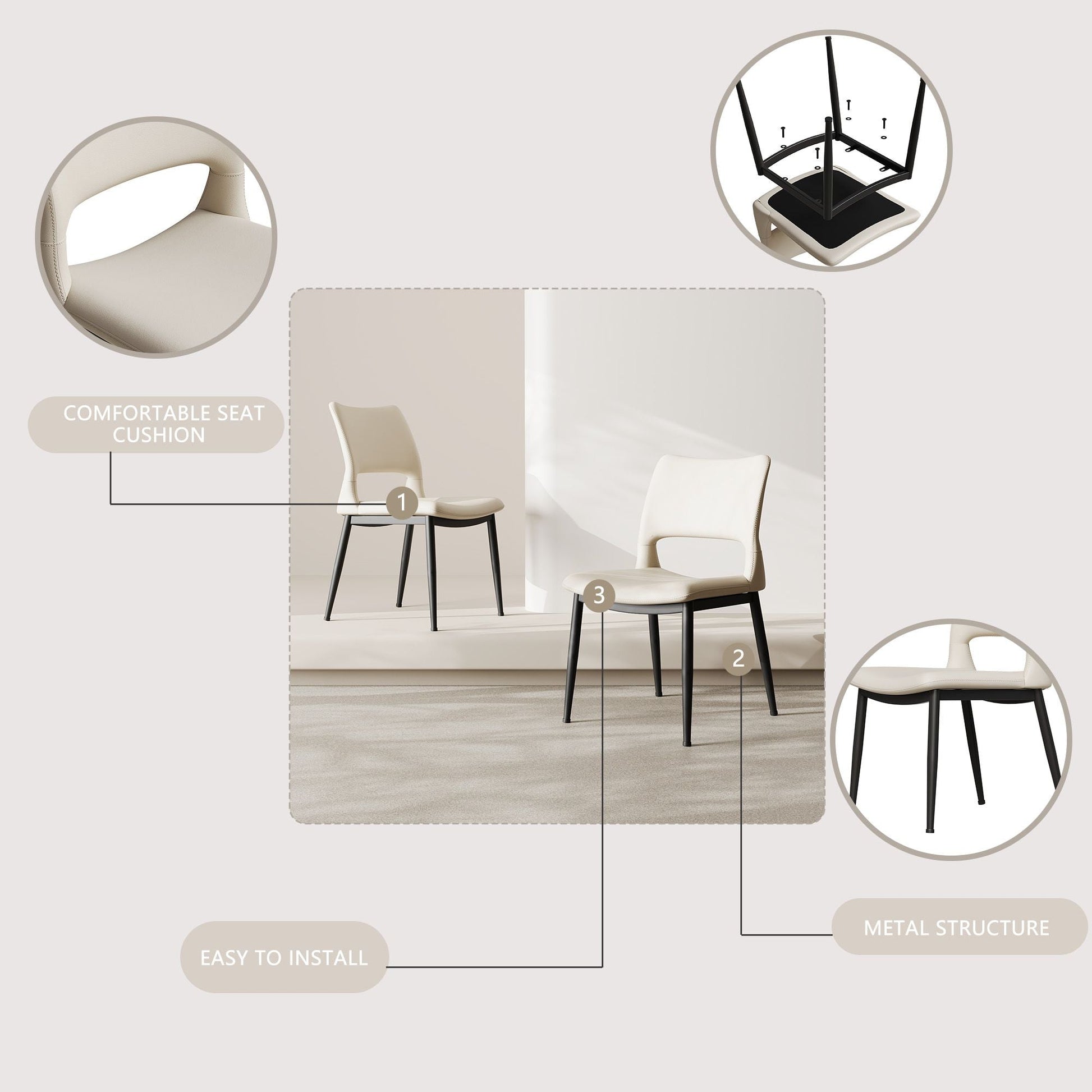 Modern minimalist black PU leather Dining Chairs Set of 2, comfortable backrest design, metal leg support, suitable for restaurants, kitchens, and offices. - Renee Lane Company