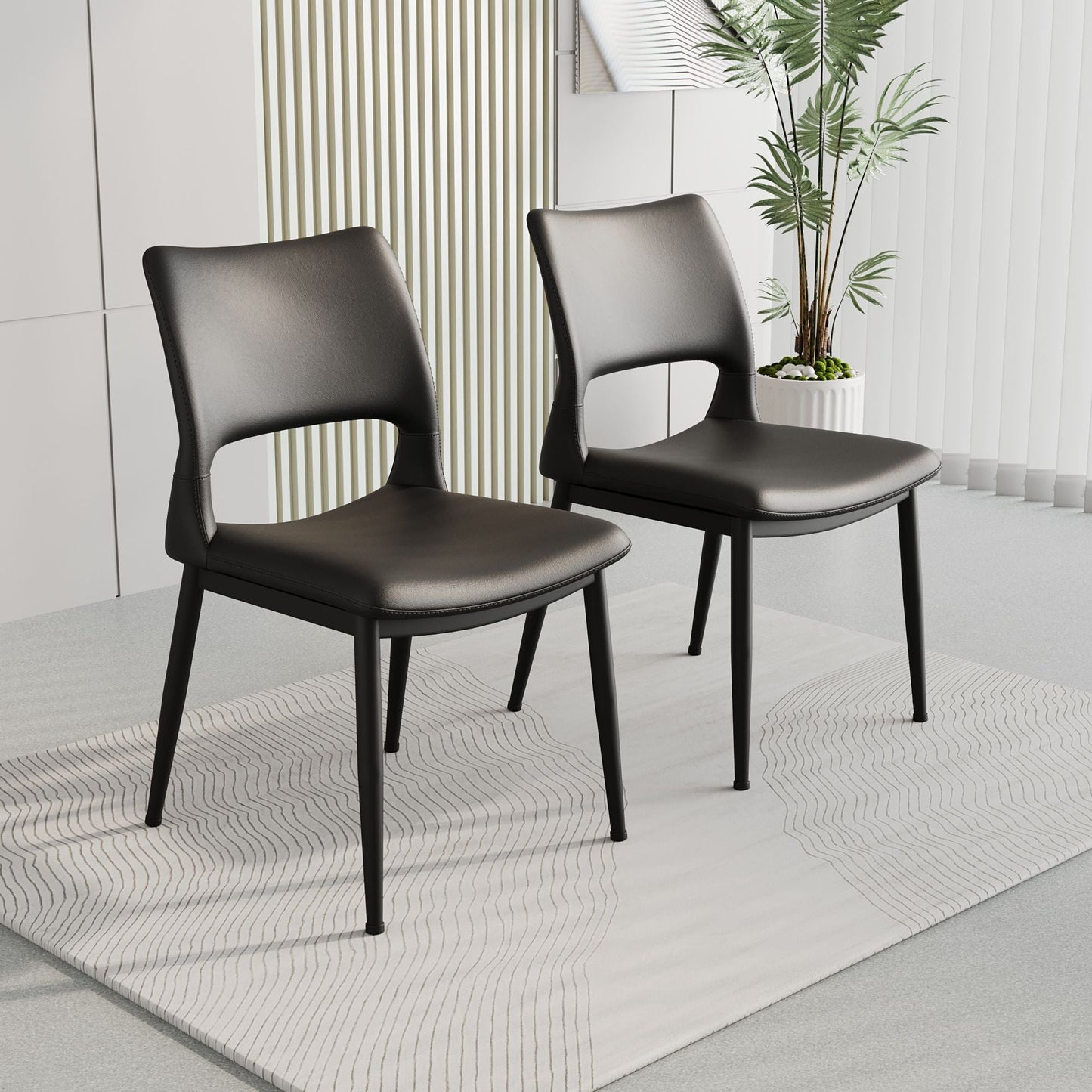 Modern minimalist black PU leather Dining Chairs Set of 2, comfortable backrest design, metal leg support, suitable for restaurants, kitchens, and offices. - Renee Lane Company