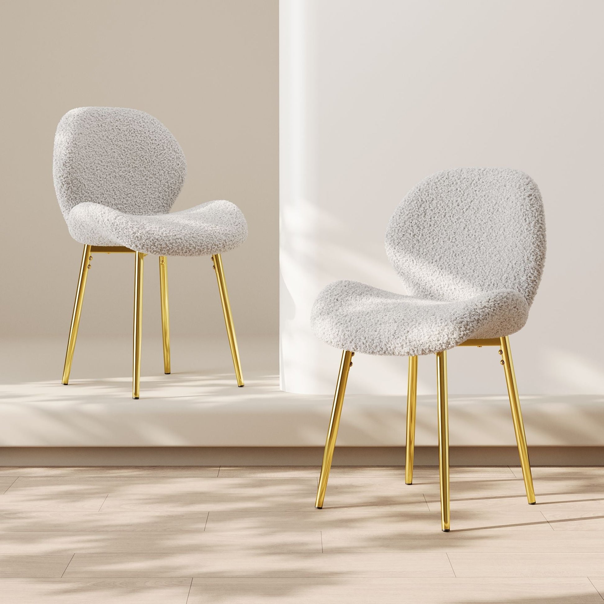 Modern minimalist white teddy velvet Dining Chairs Set of 2 with sturdy gold metal legs and comfortable backrest design, suitable for restaurants, kitchens, and offices. - Renee Lane Company