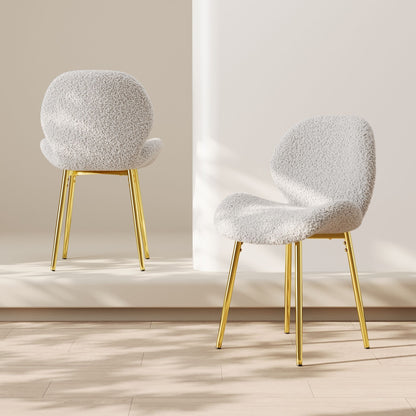 Modern minimalist white teddy velvet Dining Chairs Set of 2 with sturdy gold metal legs and comfortable backrest design, suitable for restaurants, kitchens, and offices. - Renee Lane Company