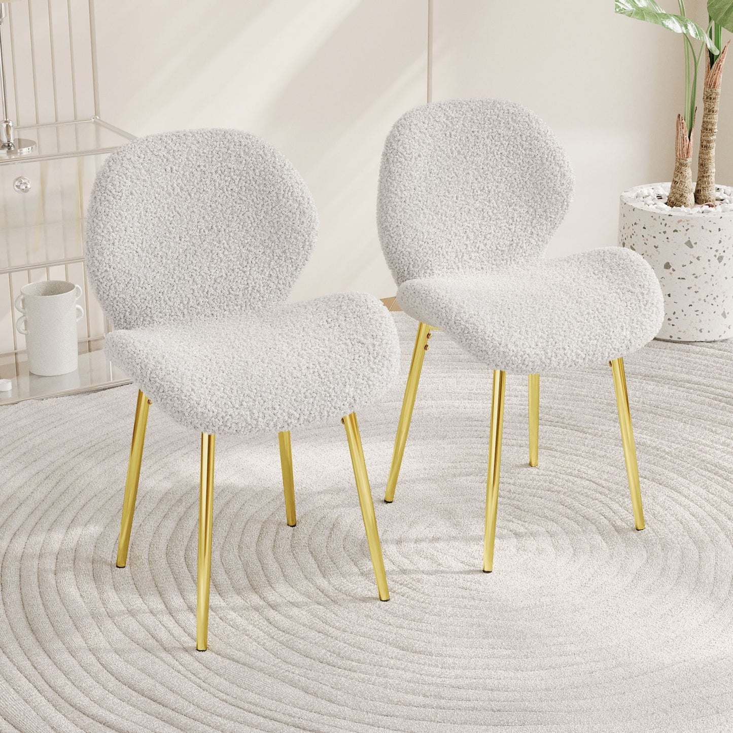 Modern minimalist white teddy velvet Dining Chairs Set of 2 with sturdy gold metal legs and comfortable backrest design, suitable for restaurants, kitchens, and offices. - Renee Lane Company