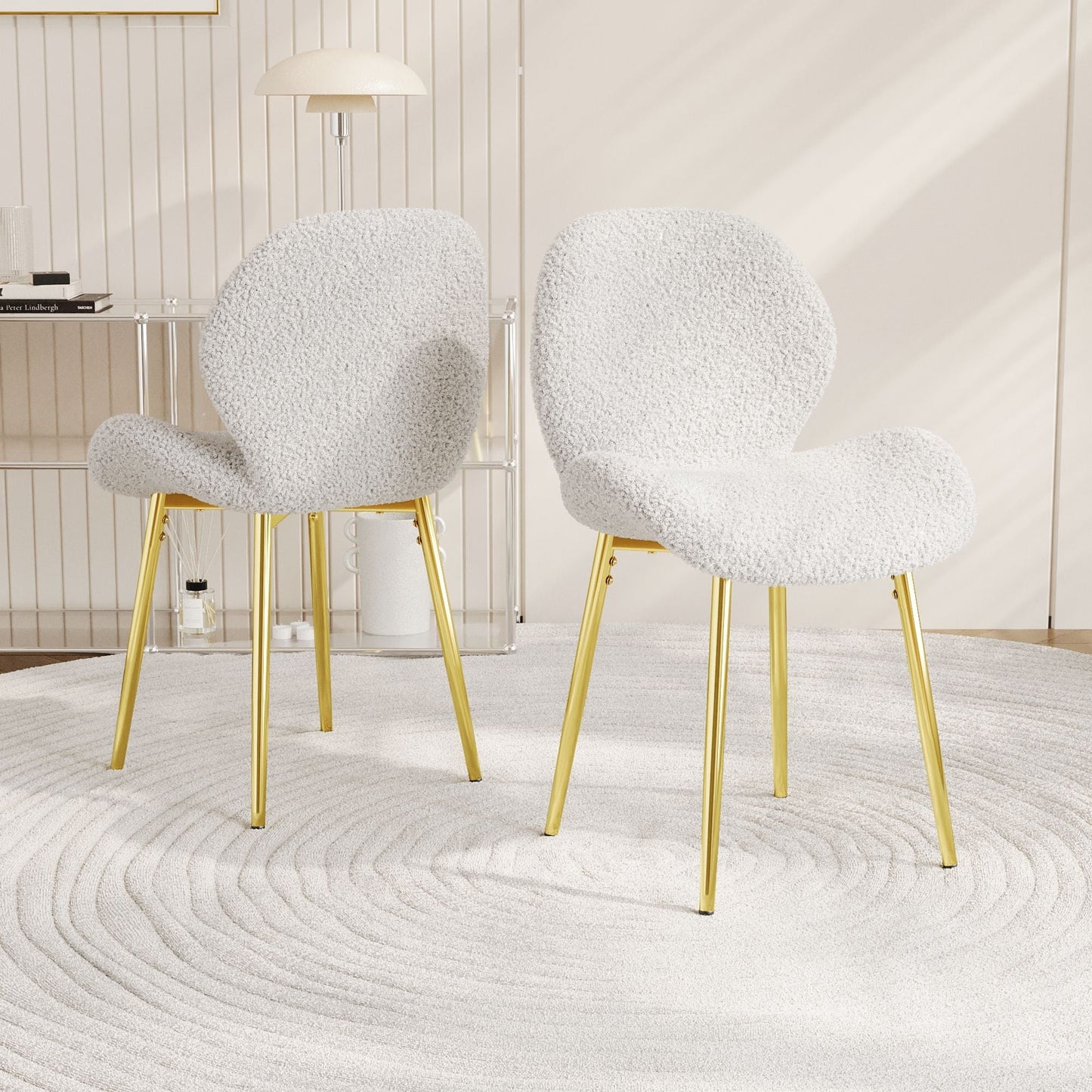 Modern minimalist white teddy velvet Dining Chairs Set of 2 with sturdy gold metal legs and comfortable backrest design, suitable for restaurants, kitchens, and offices. - Renee Lane Company