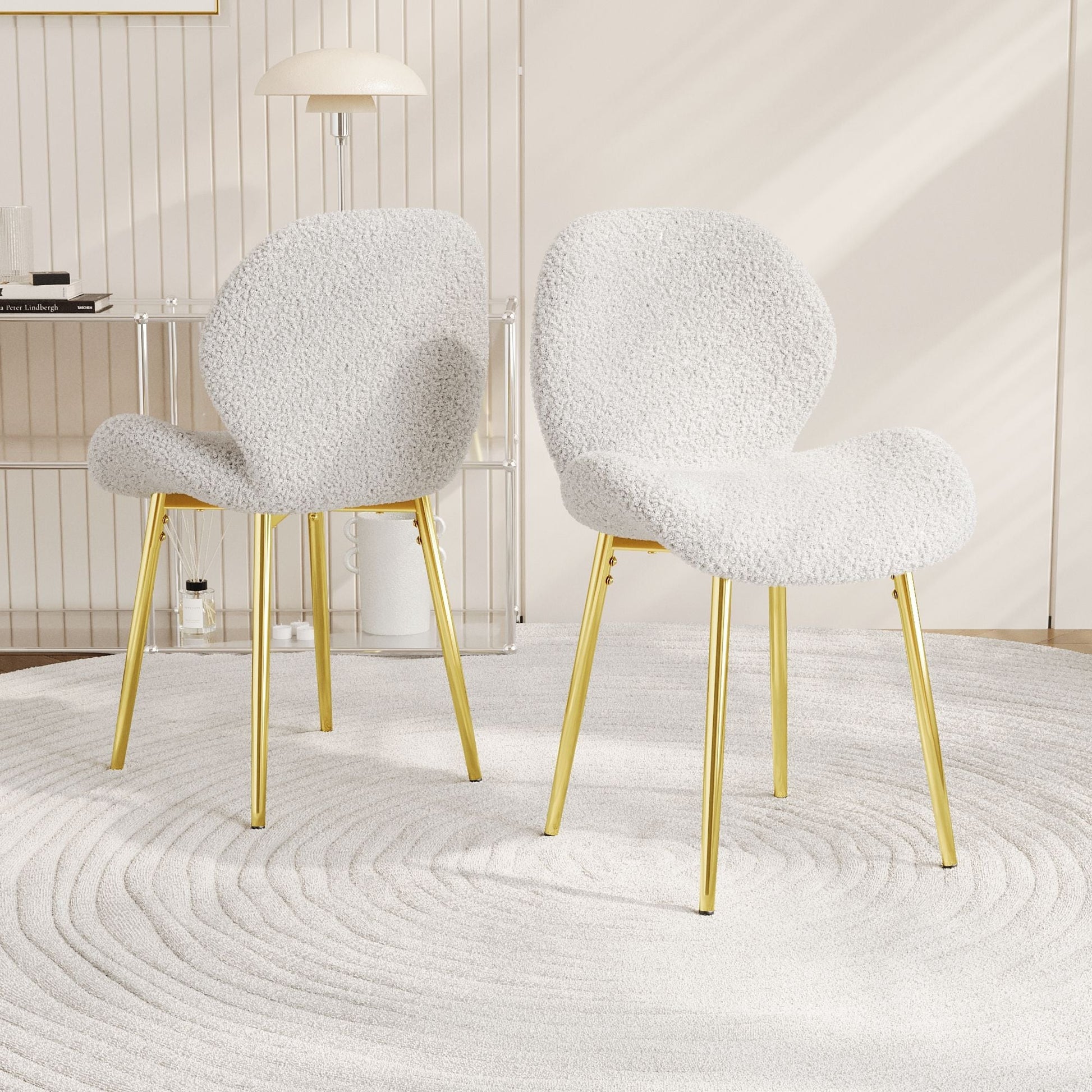 Modern minimalist white teddy velvet Dining Chairs Set of 2 with sturdy gold metal legs and comfortable backrest design, suitable for restaurants, kitchens, and offices. - Renee Lane Company