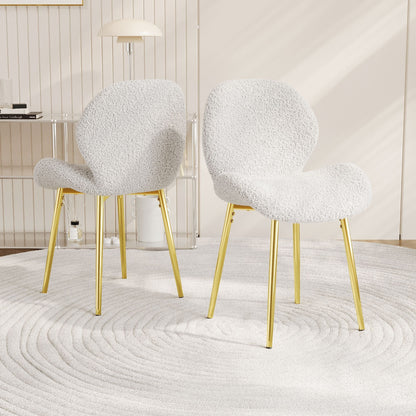 Modern minimalist white teddy velvet Dining Chairs Set of 2 with sturdy gold metal legs and comfortable backrest design, suitable for restaurants, kitchens, and offices. - Renee Lane Company