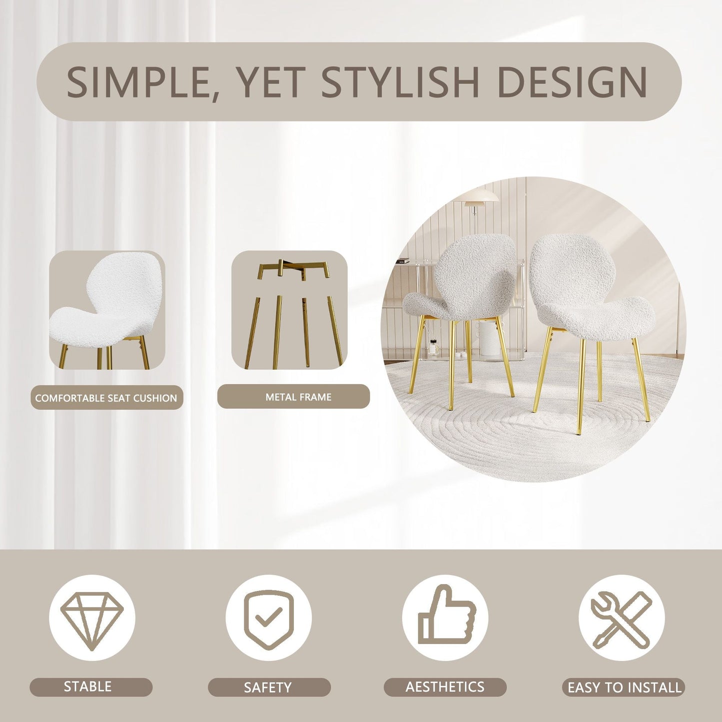 Modern minimalist white teddy velvet Dining Chairs Set of 2 with sturdy gold metal legs and comfortable backrest design, suitable for restaurants, kitchens, and offices. - Renee Lane Company